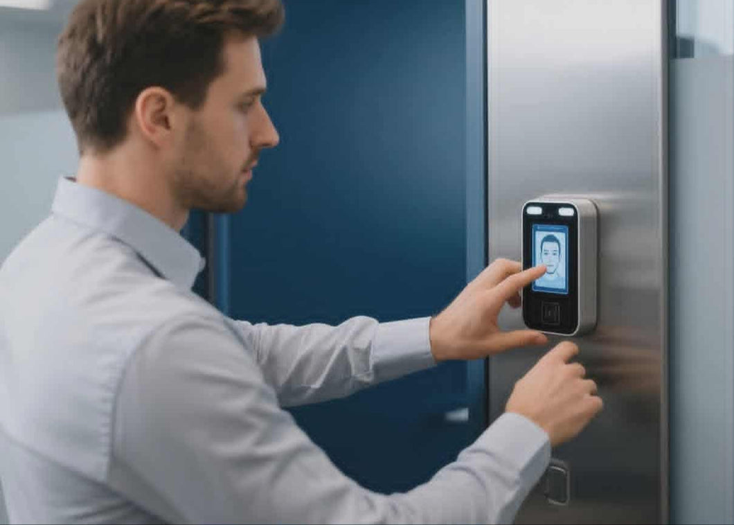 Man using a fingerprint scanner on an office door